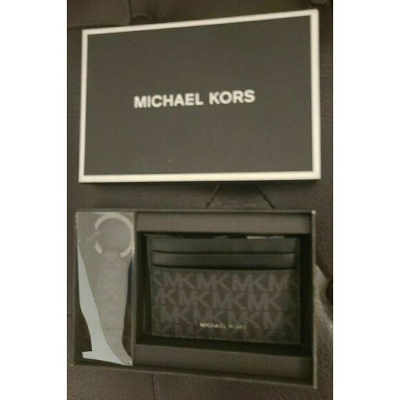 Michael Kors 86F1LGFD1B Men Front Pocket Wallet Black Logo Card Case Key Chain - Picture 2 of 6